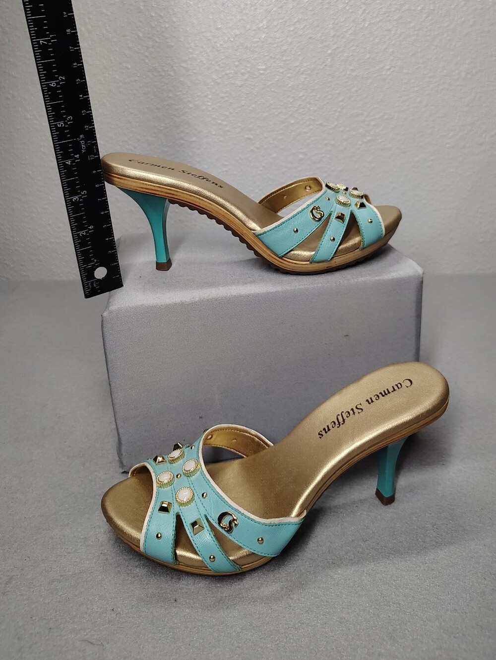 Carmen Steffens Aqua & Gold Open-Toe Kitten Heels